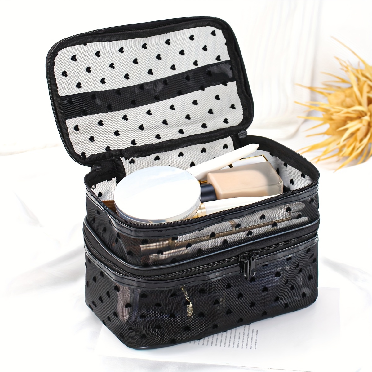 

Nylon Cosmetic Bags For Women, Black Double Layer Makeup Organizer With Multiple Sizes, Unscented And Non-waterproof Mesh Heart Design Storage Pouch