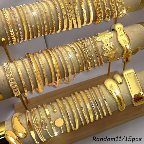 Random 11pcs/15pcs Women s Fashion Bracelet Set - Stylish, Simple, Luxurious, and High-End with an Old Money . Features Heart-Shaped, Twisted, Multi-Layered, and Knotted Round Disc Bohemian-Style Bracelets. Suitable for Women Wear