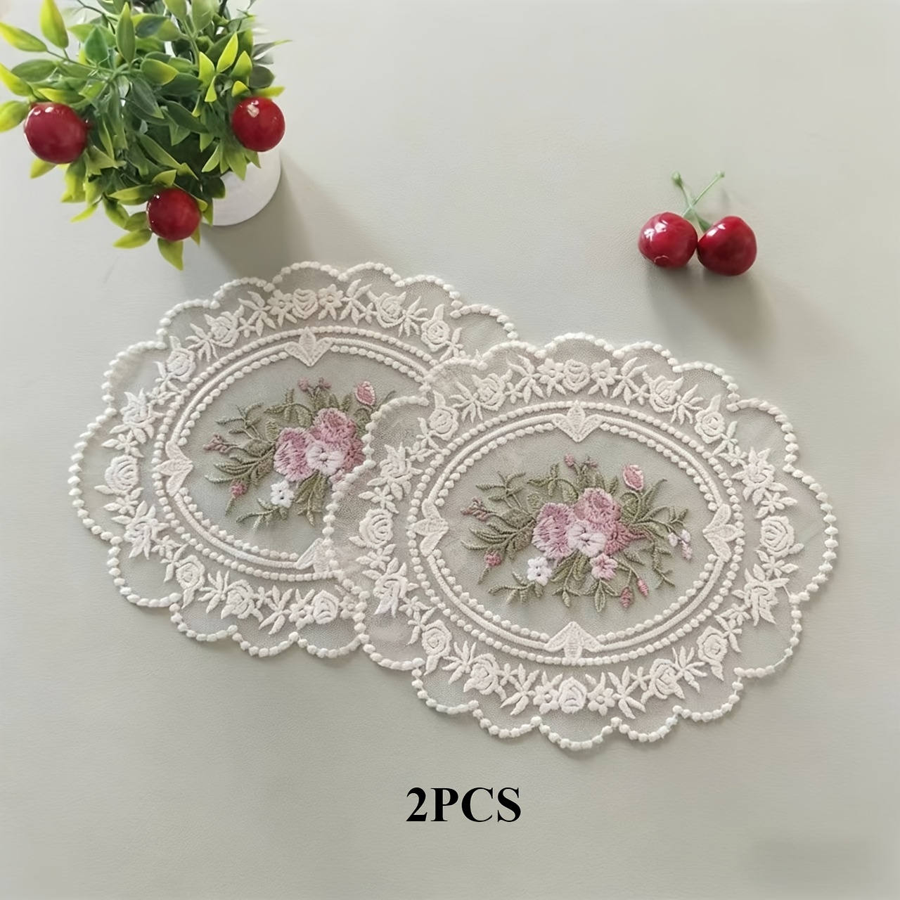 Image of 2 European Vintage Lace Embroidered Table Mats, Polyester Rectangular Decorative Pads, Hand Wash Only, Photography Prop Decor