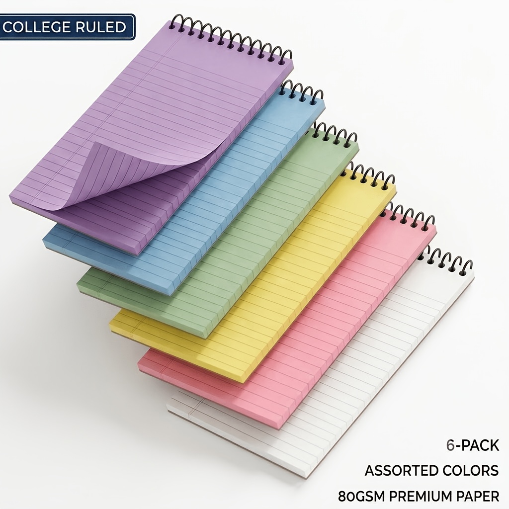 TEMU 6/12-pack Subject Notebooks, 5'' X 8'' Top Spiral Bound Notebooks, 70 Sheets Double-sided Striped Paper, College Ruled Memo Steno Pad With Stiff