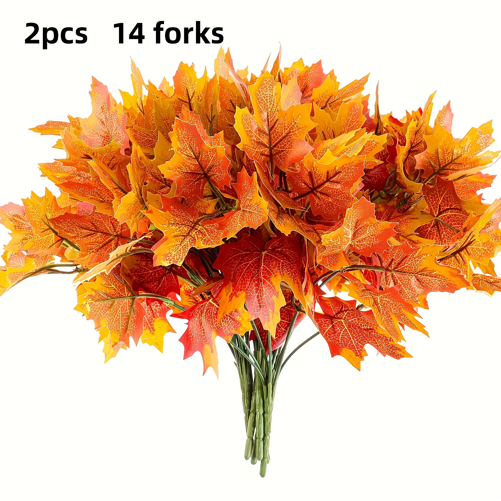 TEMU 2pcs Set Artificial Maple Branch , 14-branch Autumn Color Bouquet, Fabric And Plastic - Lifelike, Fade-resistant/ For Shaping, Suitable For Home