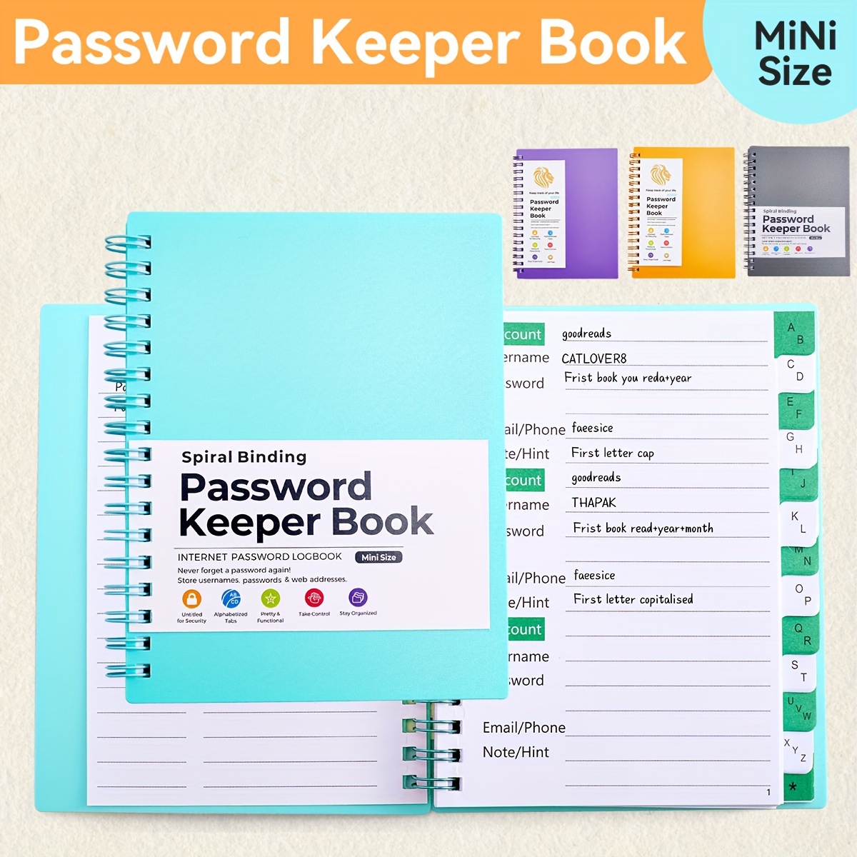 

A6 Mini Size Spiral Password Keeper Book With Alphabetical Tabs, Password Notebook For Internet And Computer Login, Username, Passwords For Home, Office