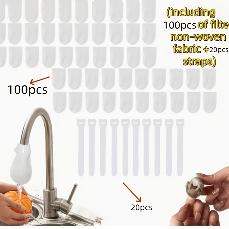 TEMU Lot de 120 pièces (incluant 100 filtres en tissu non tissé + 20 sangles) Filtre de robinet, manchons de filtre de rechange universels pour