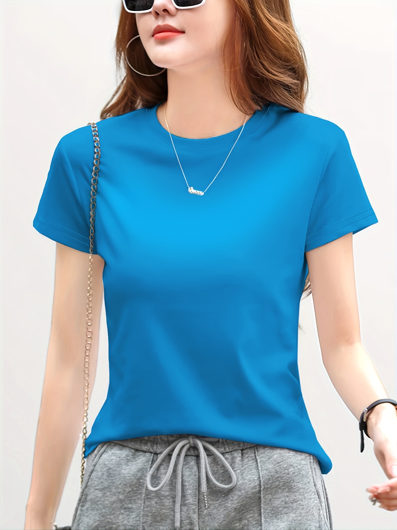 solid crew neck short sleeve t shirt casual top for summer spring womens clothing peacock blue 2