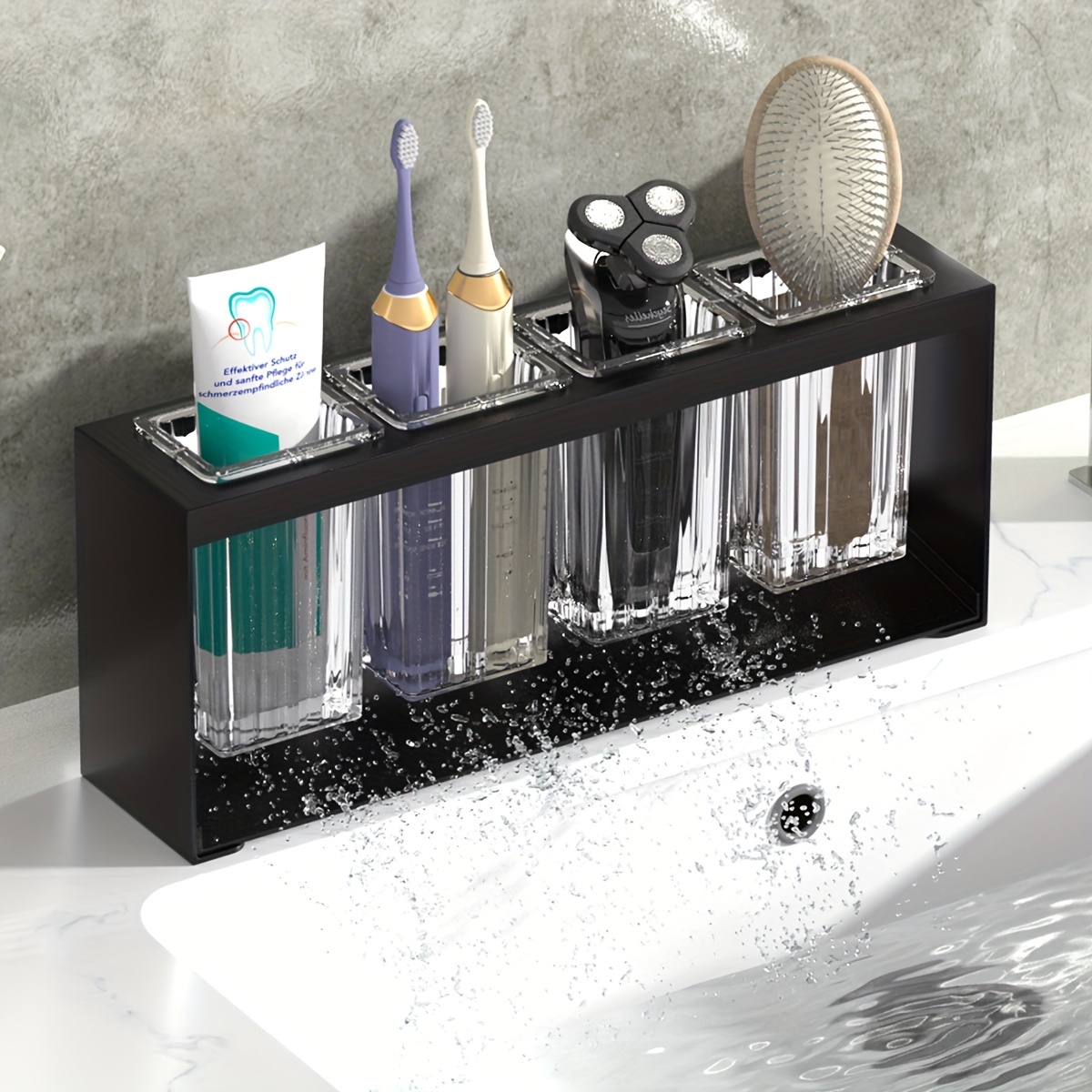 

Multi-functional Bathroom Organizer With Built-in Drainage - Wrought Iron Toothbrush & Toothpaste Holder, Transparent Filter Cup Included Toothbrush Holders For Bathrooms Bathroom Sink Organizer