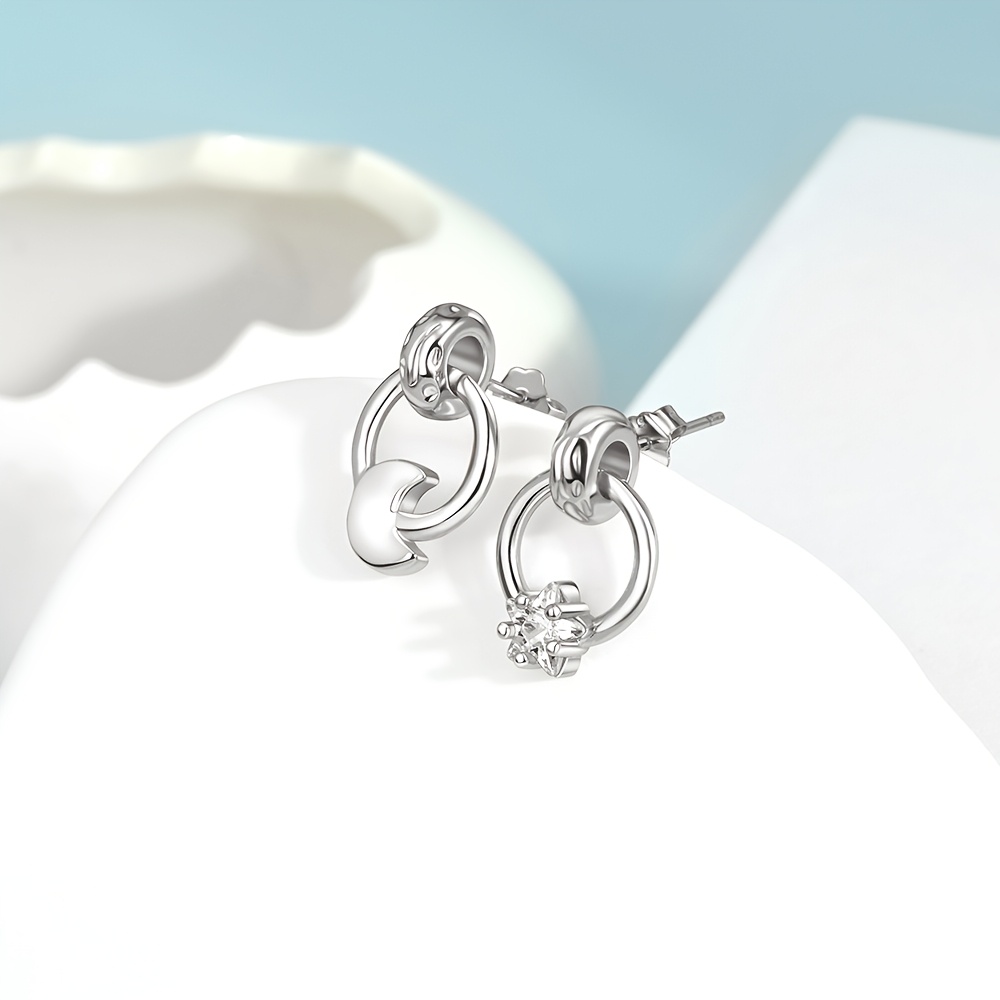 Women's Asymmetrical Star and Moon Stud Earrings, 925 Silver