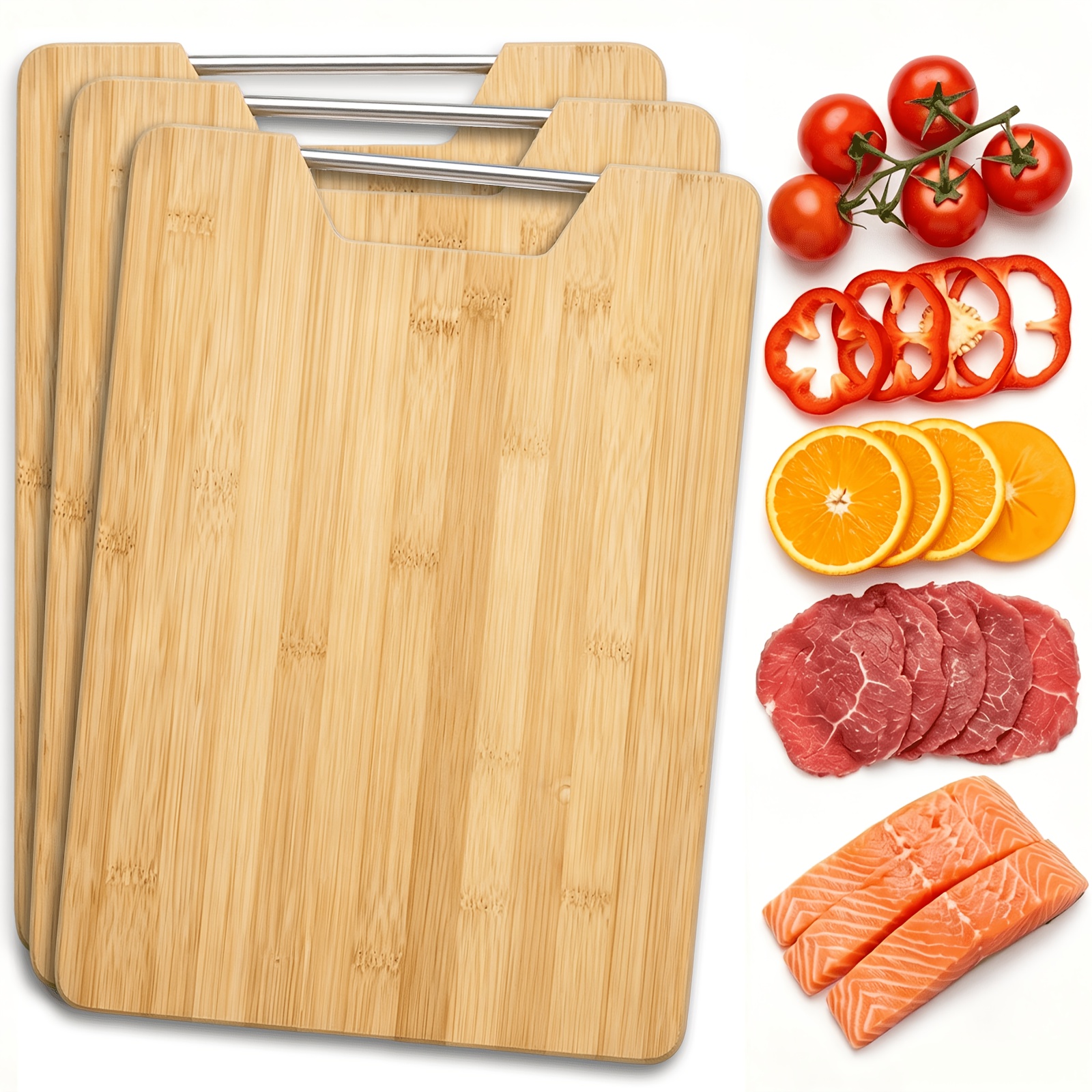 TEMU 3/2/1pc Kitchen Bamboo Cutting Board Set, Bamboo Chopping Board, Cutting Board With Handle, Ideal For Meat, Vegetables, Fruits, Kitchen Gift For