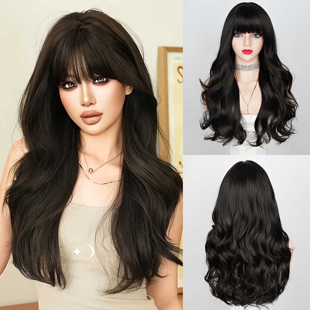 Image of Long Black Wig With Bangs, 28 Inches Synthetic Wavy Bang Black Wigs For Women, Women Long Curly Heat Resistant Black Hair Wig, Cosplay Black Wig