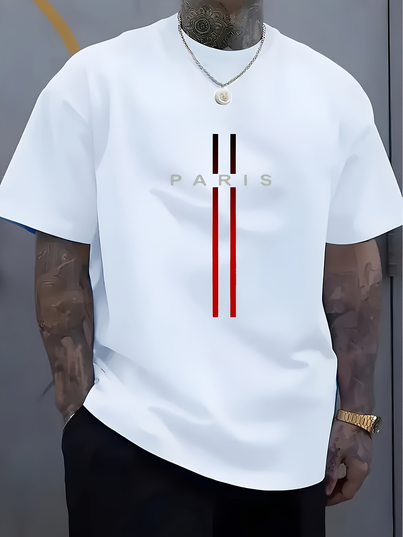 Men's White Oversized T-Shirt with Black & Red Paris Print - Breathable Round Neck Short Sleeve Summer Gym & Casual Shirt, Athletic Fit for Cycling, Casual Attire - Machine Washable French Lettering Design (Pais/Paris Lettering) - Ideal for Travel & Everyday Outfits - Stylish Men's Fashion with Subtle Chest Print, Relaxed Fit for Warm Weather, Suitable for Adults, Perfect for Summer Use, Short Sleeve Shirts for Men, Retro T Shirt