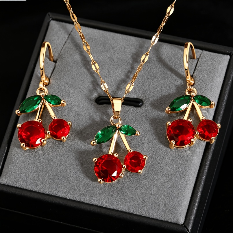 TEMU 2pcs Set Fruit Series - Cherry Necklace & Earrings, Jewelry Set For Men Women, Elegant & Cute, & Sweet, Suitable For Women's Vacation And Daily