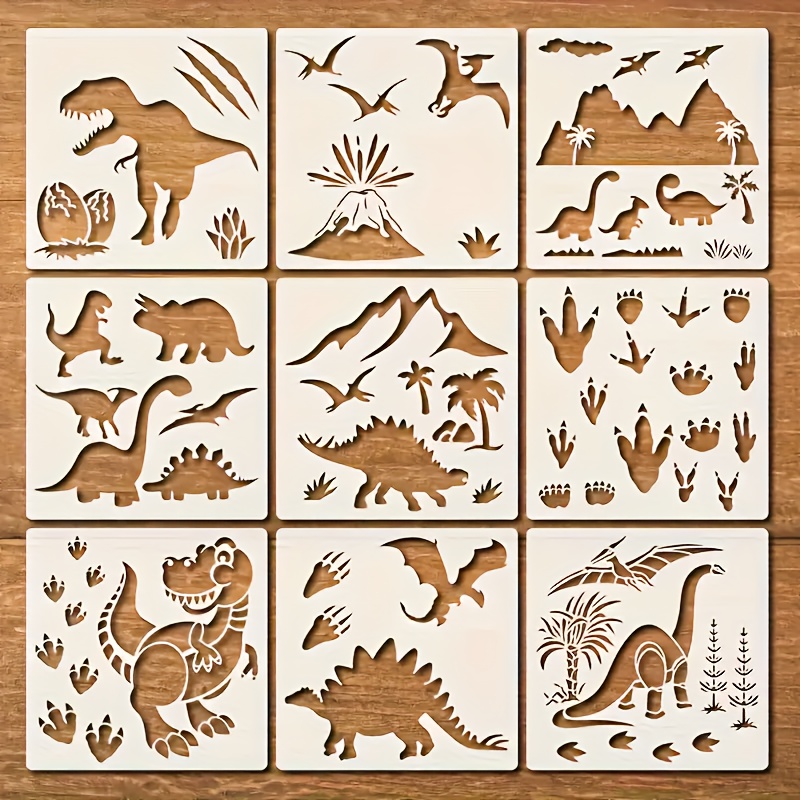 E-shop 9-teiliges Set wiederverwendbare & waschbare Dinosaurier-Schablonen für DIY-Bastelprojekte - Prähistorische Tiervorlagen mit Formen,
