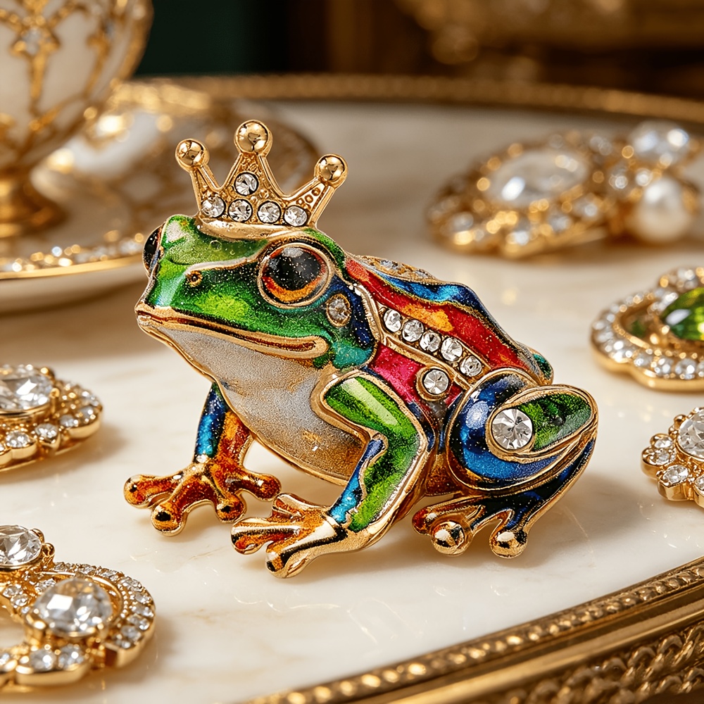 TEMU Cute Crown Frog Enamel Brooch, Inlaid Rhinestone Crown Frog Pin, Fashion Accessory Gift Suitable For Suits And Coats