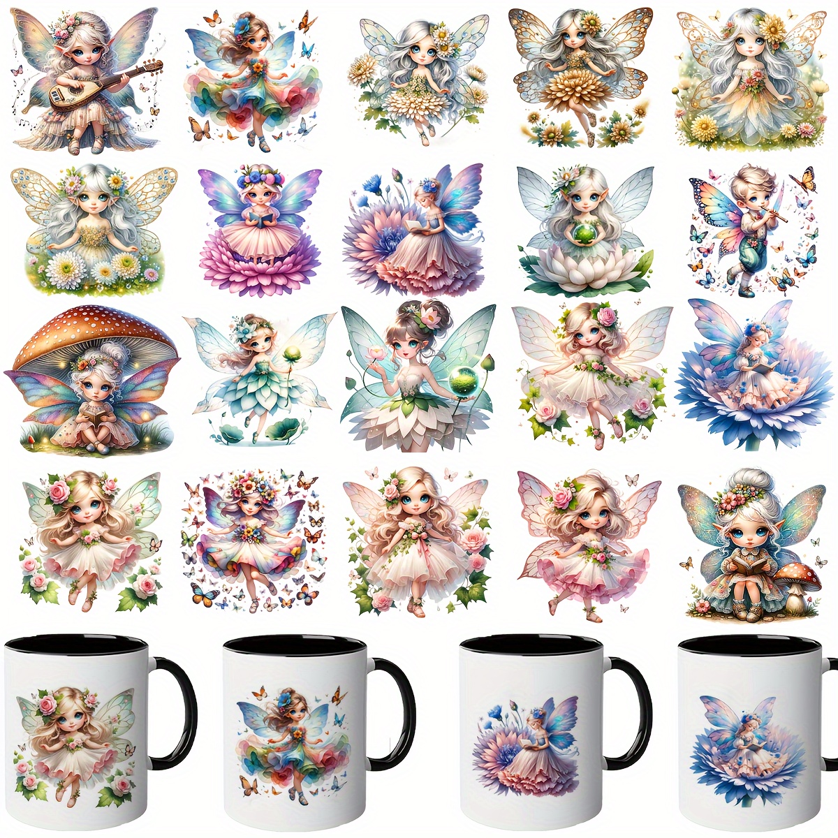 

20-pack Cartoon Fairy Pvc Cellophane Wrap Stickers, Uv Dtf Transfer, Waterproof Scratch-resistant Decals For Laptops, Tumblers, Walls, Customizable For Any Smooth Surface