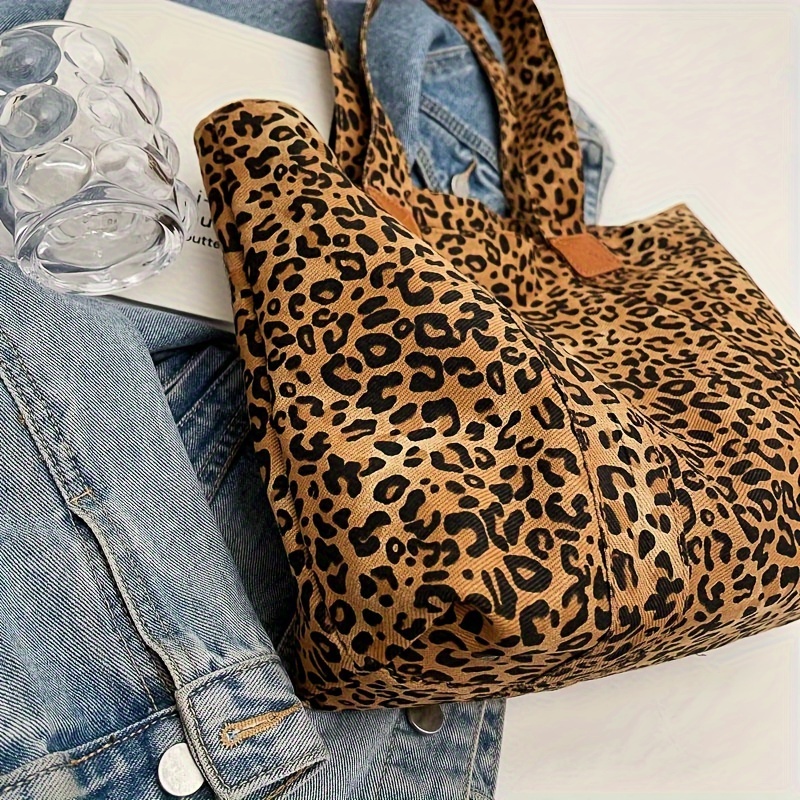 chic leopard print canvas tote bag for women spacious shoulder handbag with zip closure nylon lined details 2