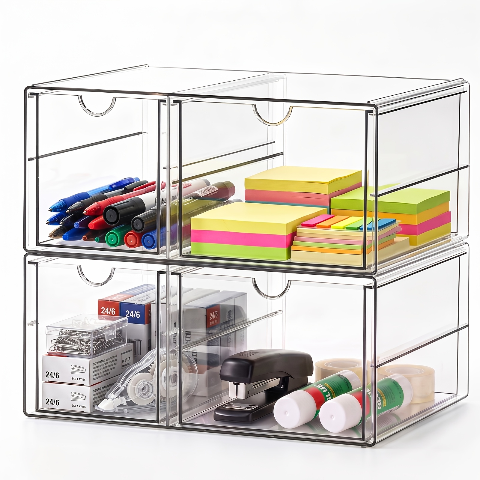 TEMU Cosmetic Organizer With 4 Drawers: 2 Acrylic Boxes With Non-slip Mats | Stackable Drawer Box, Perfect For Office Supplies, Pens, Stationery,