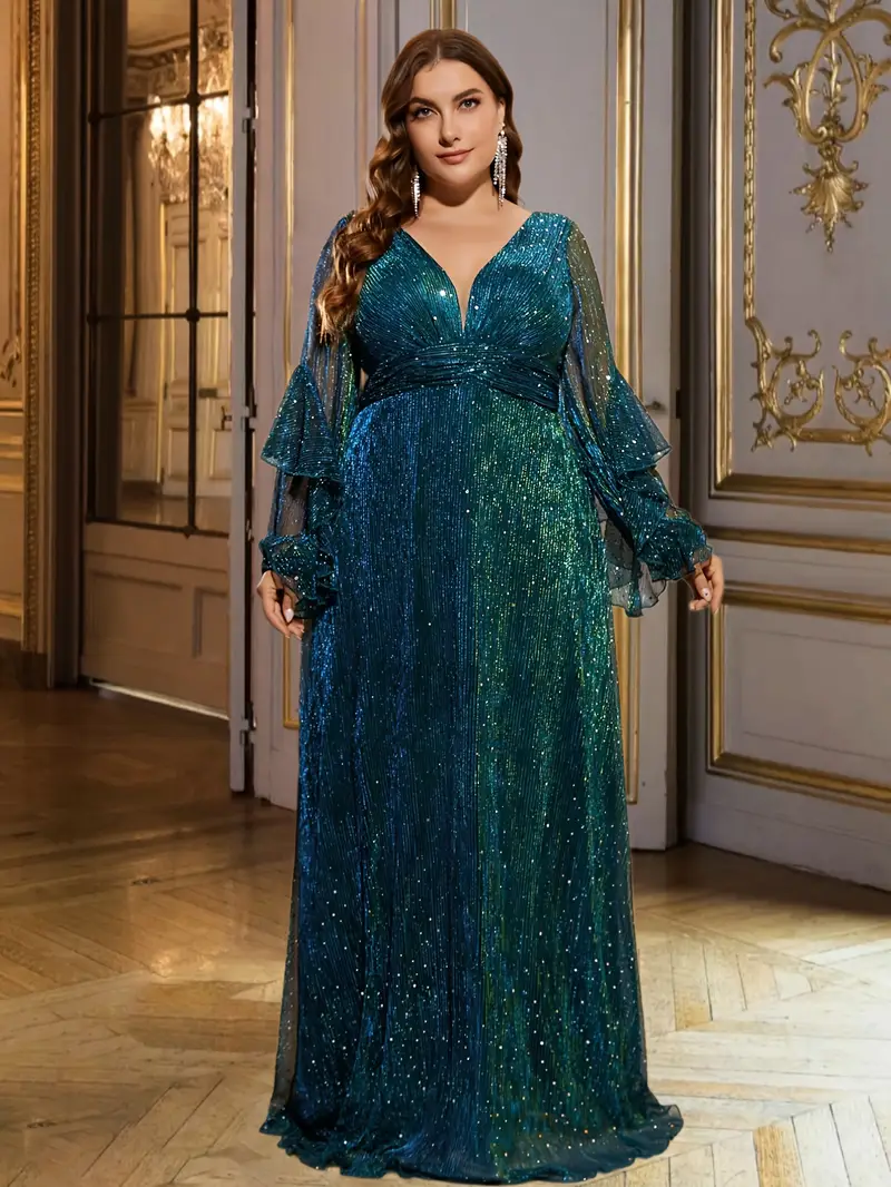 elegant plus size long sleeve gown v neck ruffle detail - Temu United Arab Emirates elegant plus size long sleeve gown v neck ruffle detail - Temu United Arab Emirates