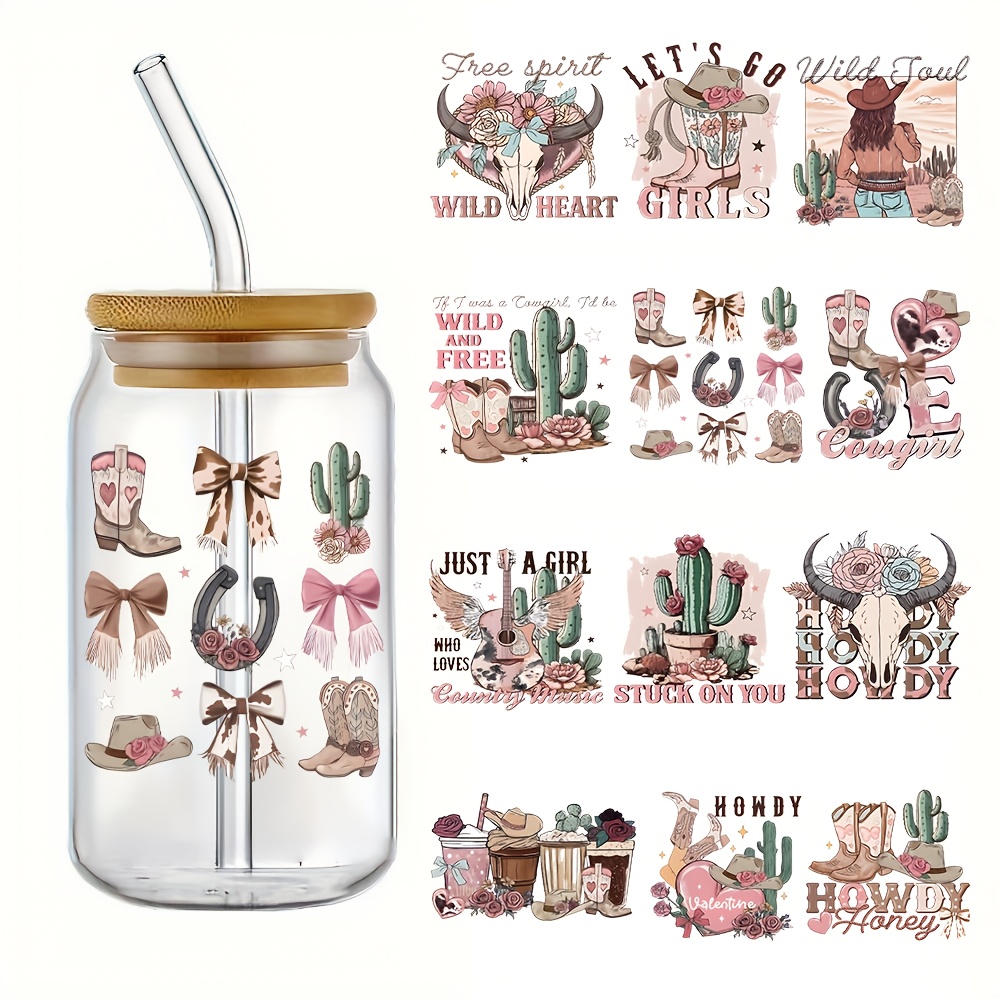 TEMU Set Of 4 Western Cowboy Themed Uv Dtf Cup Packaging, Waterproof Self-adhesive Suitable For Mugs And Water Bottles. Dtf Transfer Fit 16-ounce