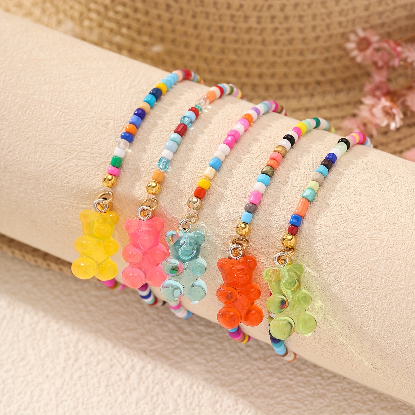 

5-piece Women's Beaded Charm Anklet Set - Cute, Fashionable, Multi-colored Seed Beads With Acrylic Jelly Bear Pendants - Versatile For Daily Festivals - Y2k Inspired, Glass Material, No Plating