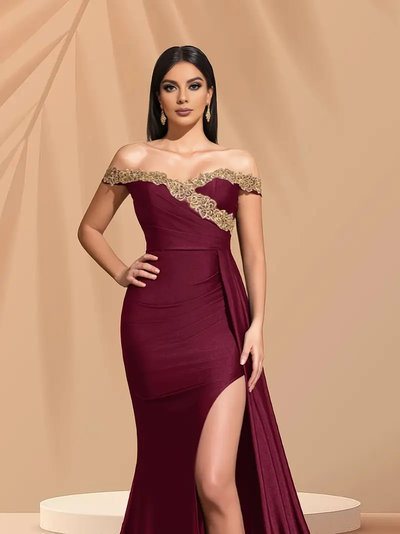 shoulder lace neckline slit fit flare gown dress women's - Temu Saudi Arabia shoulder lace neckline slit fit flare gown dress women's - Temu Saudi Arabia