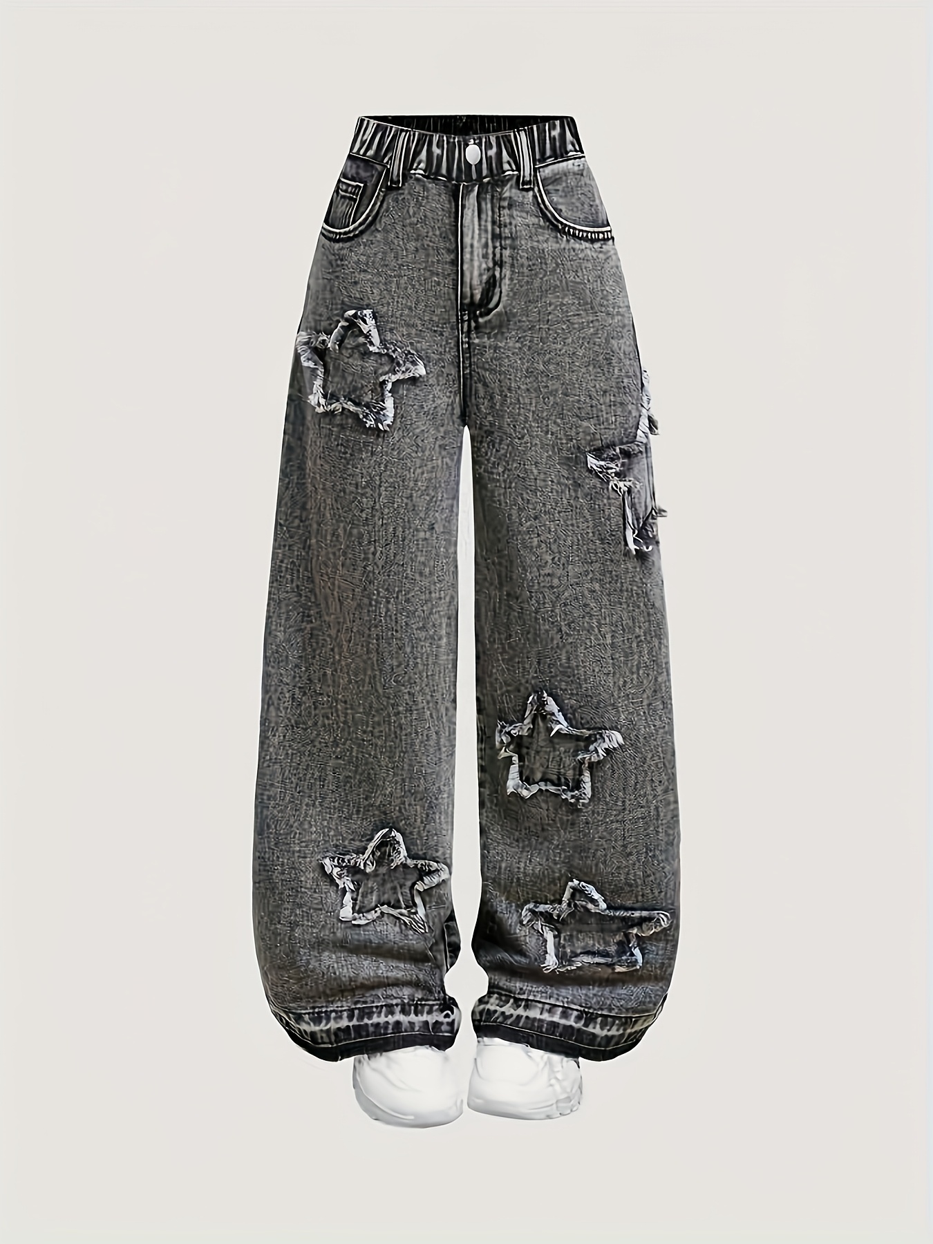 girls black washed   denim     patch straight leg pants with side pockets loose fit casual tween kids daily outfit
