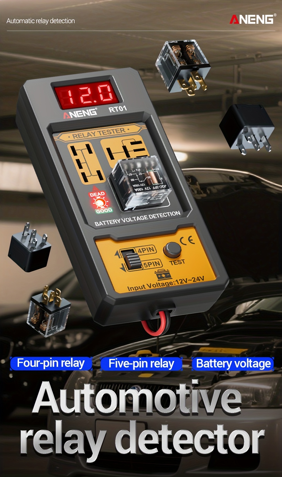 automotive relay tester rt01 voltage detector   voltage battery 4 5 pin relay universal 12v 24v automotive battery inspection integrated design diagnostic tools no battery Product details 0