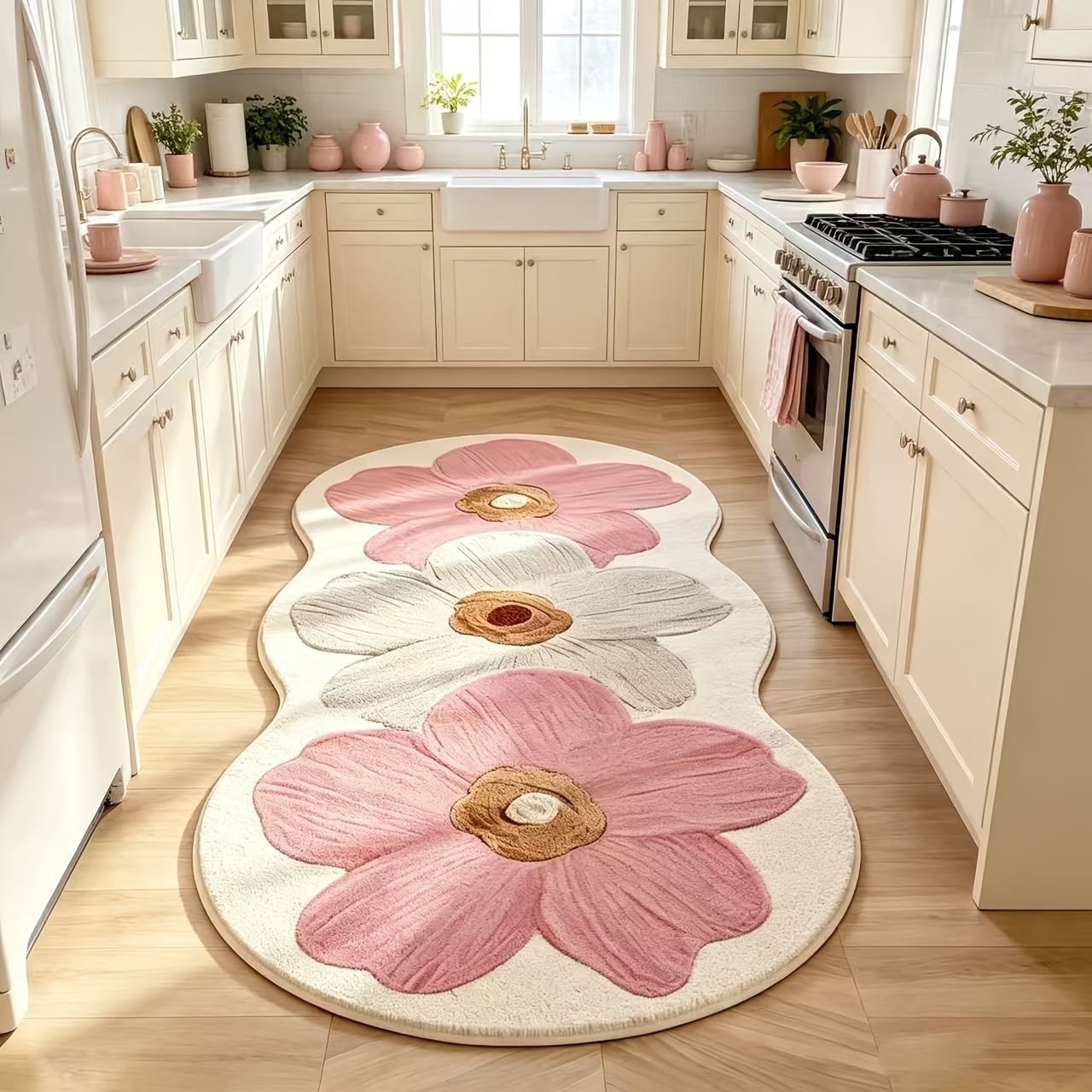 TEMU 1000g Non-slip Cute Floral Furry Carpet Kitchen Rugs Mats, Soft And Fluffy Bedside Carpet, Room Decoration, Rubber Non-slip Bottom, Machine