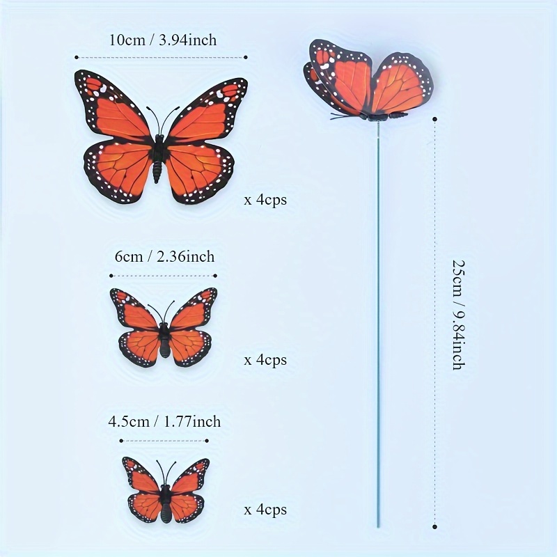 12 Piezas De Decoración De Estacas De Mariposas 3D, Estacas De Mariposas Monarca Naranjas Para Jardín Y Macetas, Decoración Exterior De PVC Resistente Al Agua, Decoración De Patio, Macetas De Flores Y Bonsái
