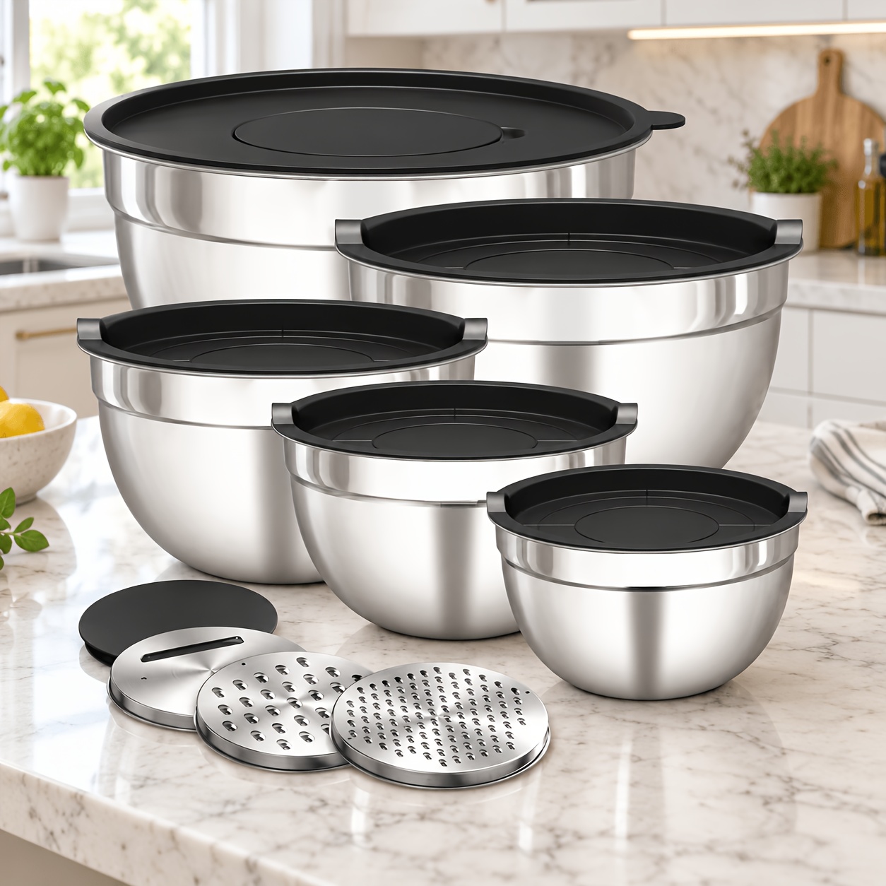 TEMU 9-teiliges Edelstahl-Rührschüssel-Set mit Deckeln & Reibe, Salatschüssel, zum Mischen Servieren, für Lebensmittelaufbewahrung, Mahlvorbereitung,