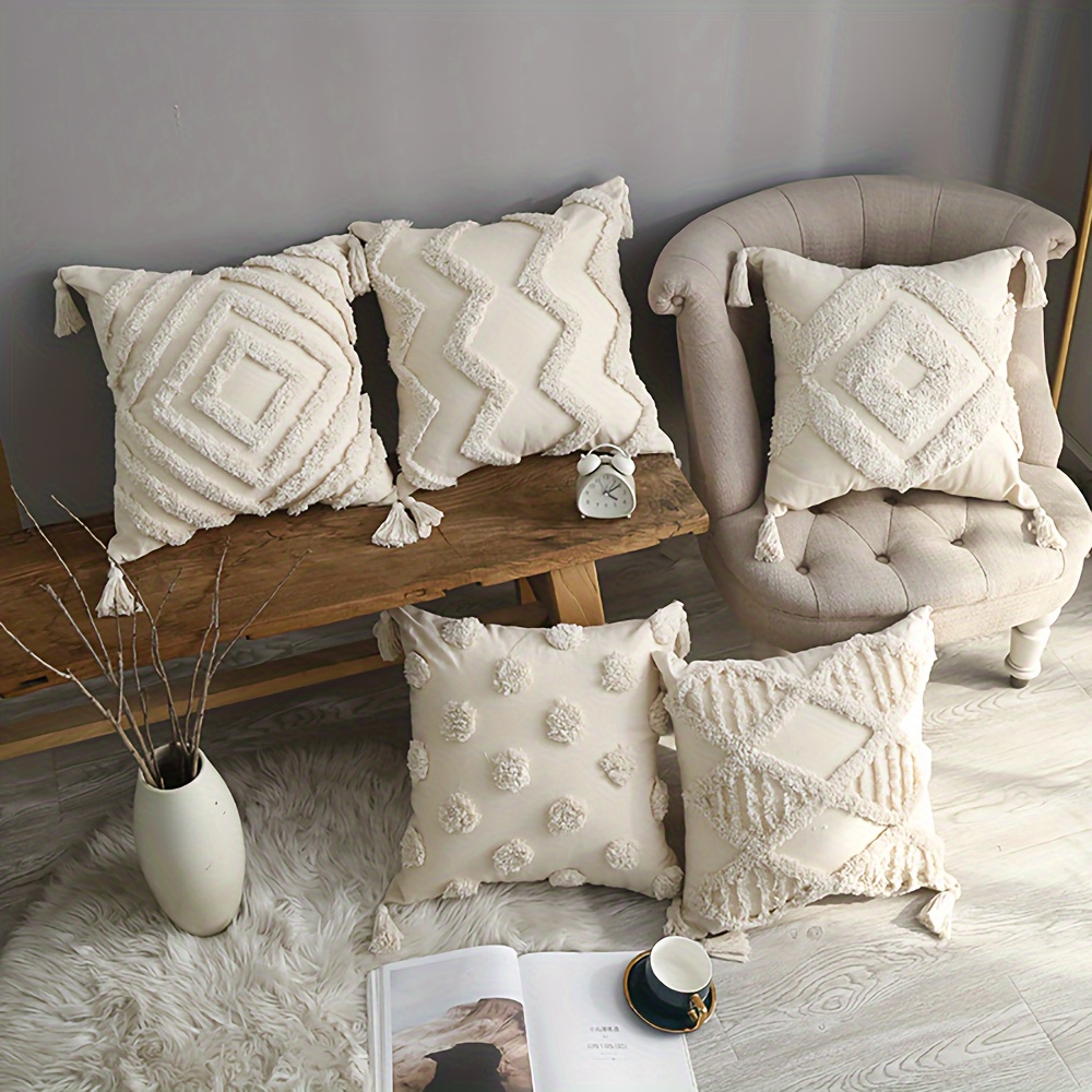 

1pc Bohemian Style Embroidered Tassel Throw Pillow Cover, 18x18 Inch, Moroccan Geometric Design, Cozy Polyester Farmhouse Sofa & Bedroom Decor Pillowcase, Modern Chic Home Decor, No Insert