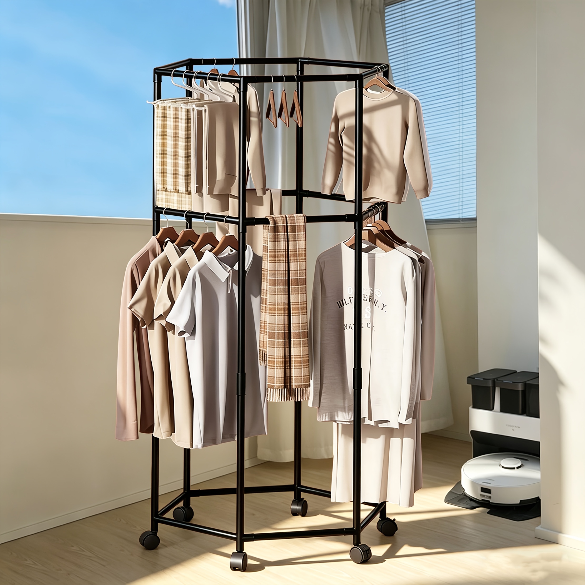 Space- 360° Rotating Clothes Rack With Wheels, Small Apartment Corner Wardrobe Rack, Floor-standing Hanger, Can Hang Coats, Bags, And Accessories