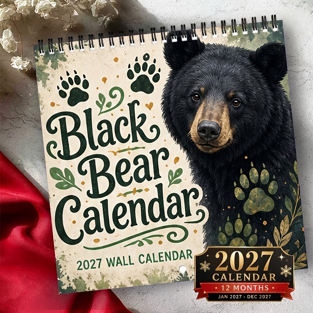 TEMU 2027 Wall Calendar 2027 Black Bear Wall Calendar With , 12-month Planner And Organizer, Twin Wire Spiral Hanging Calendar, Us Holidays, Large