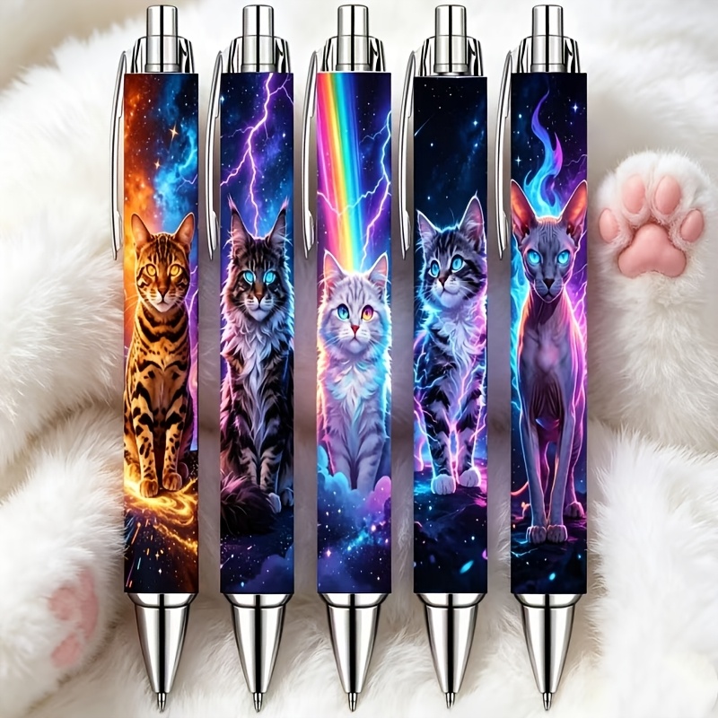 TEMU 5pcs Vibrant Neon Starry Sky Kitten-themed Retractable Pens, Multicolor Pet Kitten Pattern Ballpoint Pens For ' Creative Birthday Gifts And
