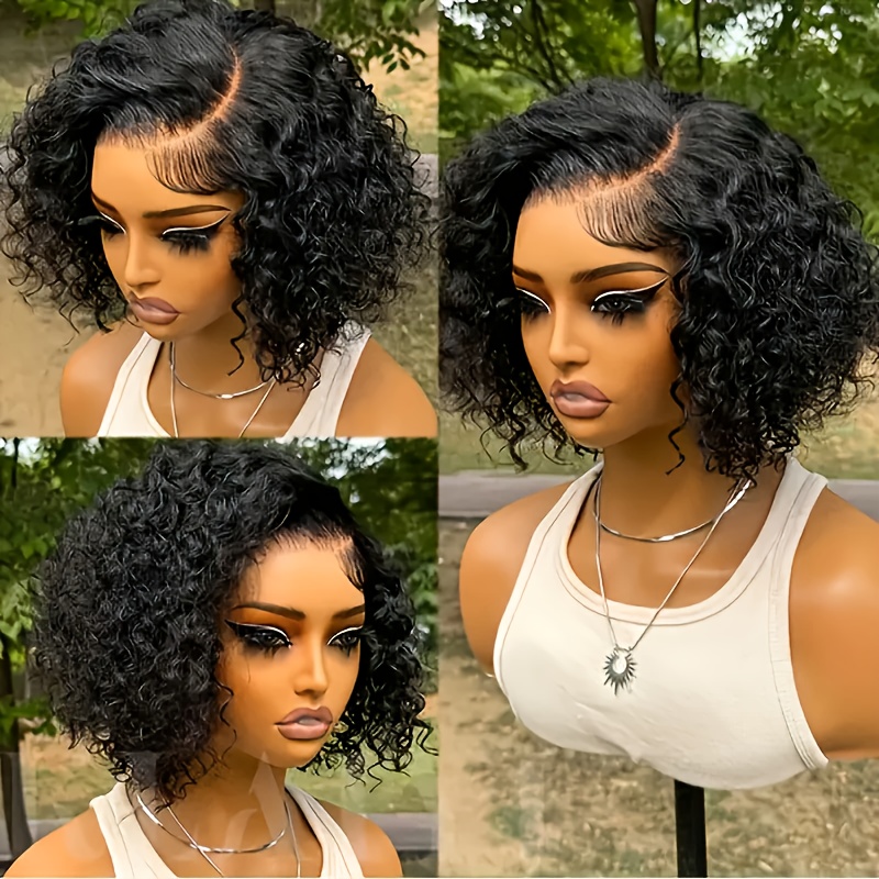 TEMU Glueless Bob Wig 12" Water Wave Cut - 200% Density Natural Hair With Pre- & 4*4 Lace Front, Adjustable For - Beginner-friendly No Glue Needed, Suitable For All