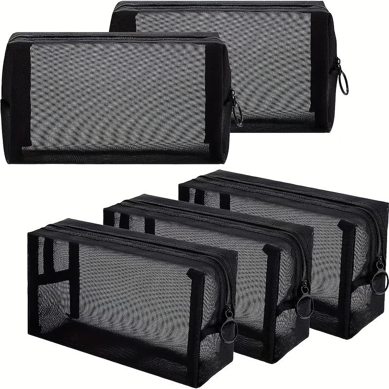 TEMU 5pcs, Mesh Cosmetic Bag, Portable Large Toiletry Bag, Travel Bag Mesh Makeup Bag, Black Breathable Mesh Zipper Pouch, Suitable For Home, Office,
