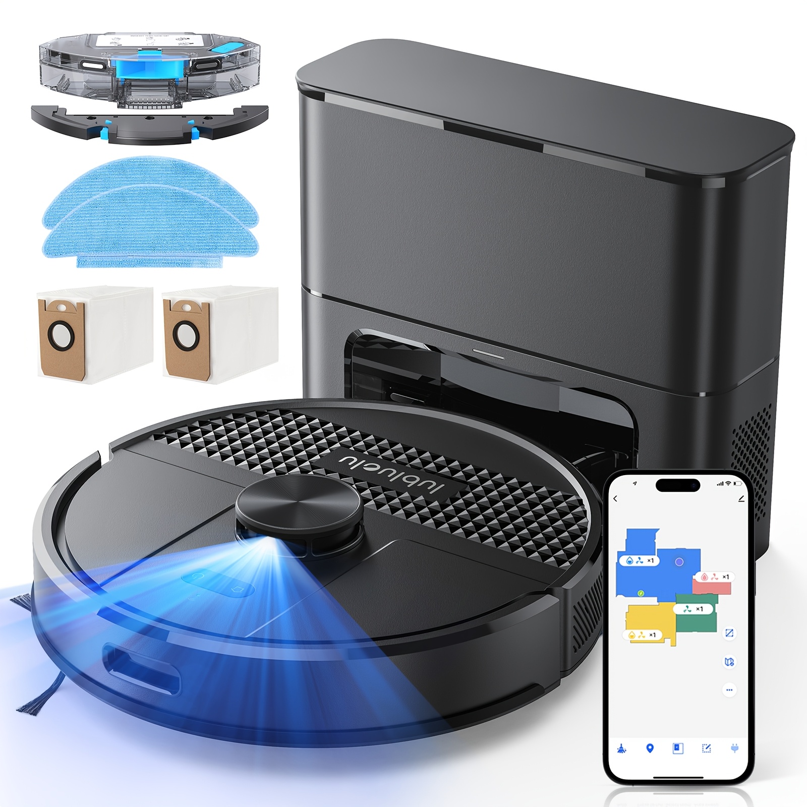 E-shop Roboter-Staubsauger-Wischroboter, 3-in-1 Kehren & Staubsaugen & Wischen, 3,0L Staubbeutel, 70-Tage-Selbstentleerung, Hindernisvermeidung 360°