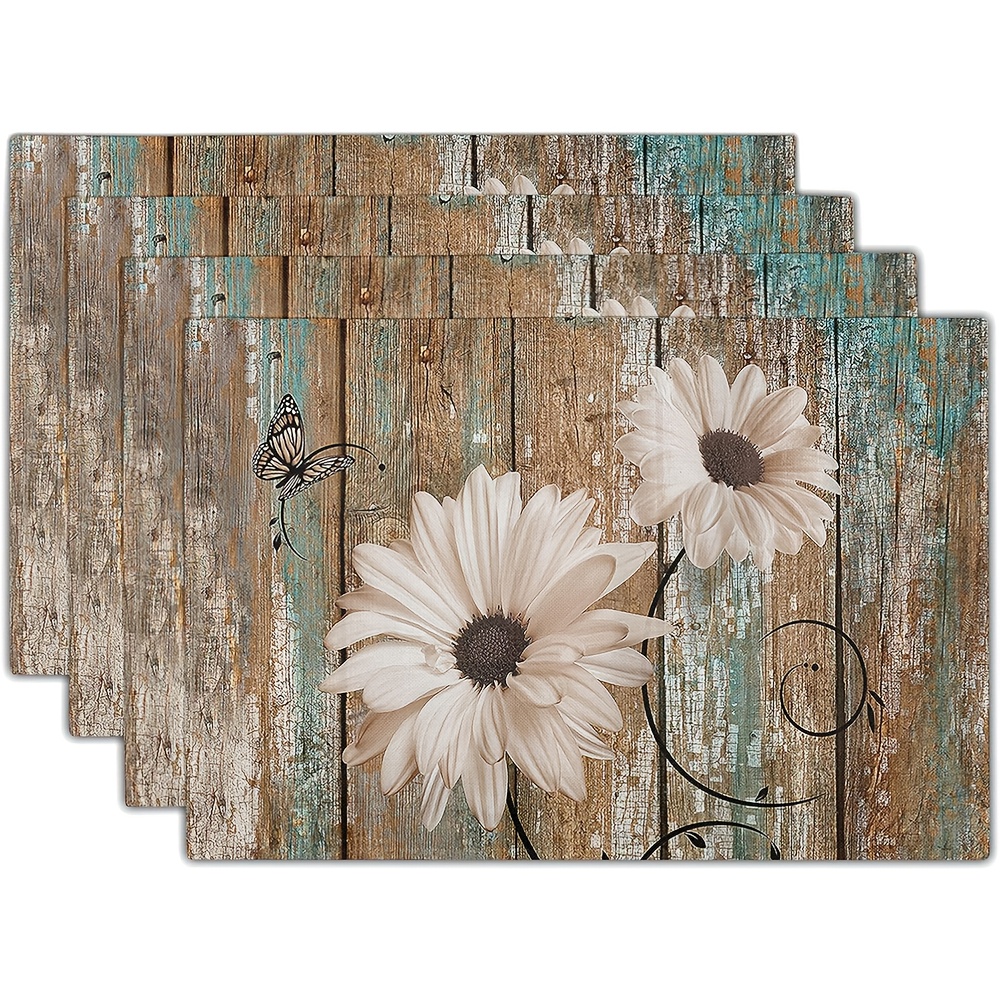 

4pcs Rustic Daisy Board Placemats- White Sunflowers On Vintage Wood Plank Linen Table Place Mat- Farmhouse Wooden Non-slip Heat Resistant Table Mats For Dining Kitchen Cabin Decor