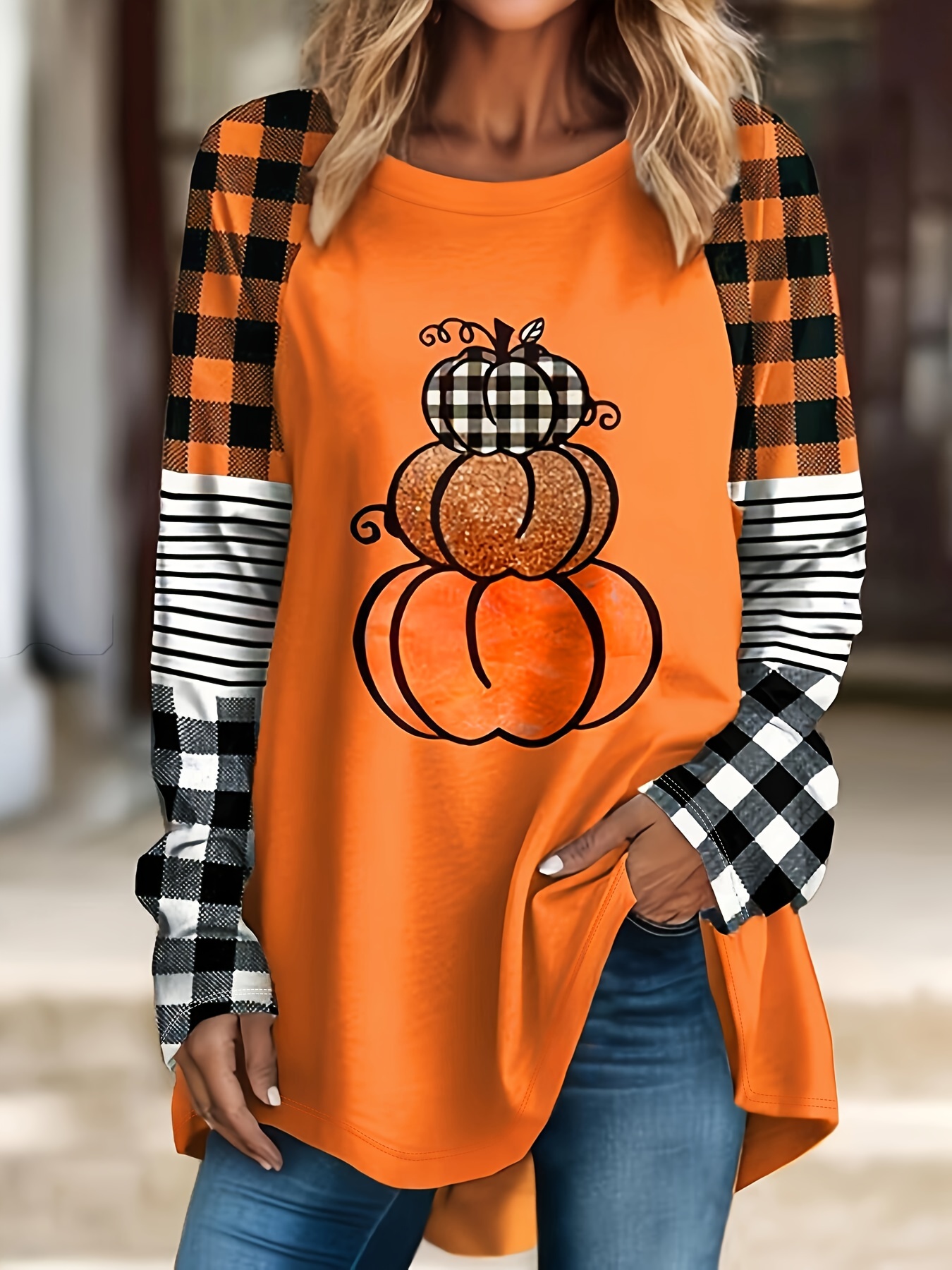 Plus Size Elegant Halloween T-Shirt with Pumpkin Print, Polyester Crew Neck Long Sleeve with Medium Stretch, Fall Season Knitted Fabric Top for Women