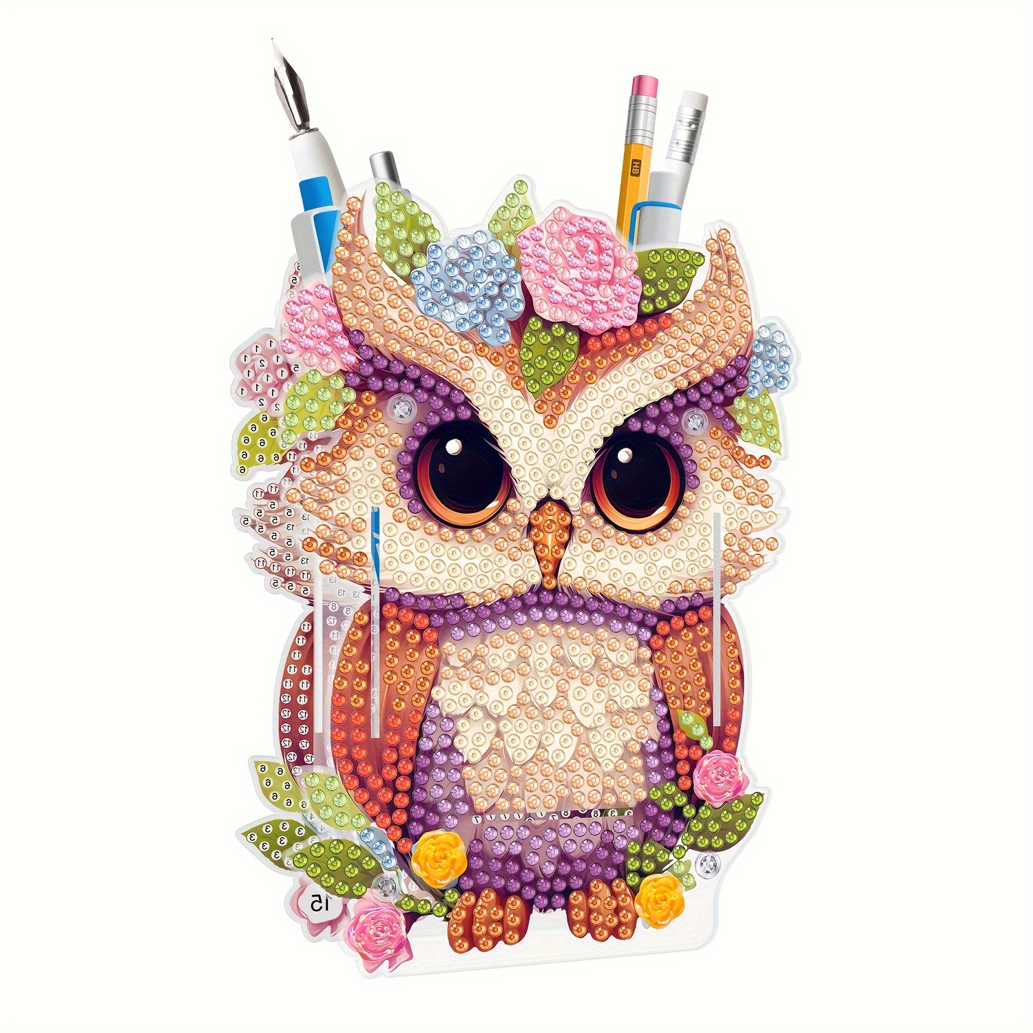 1pc Diamond Painting Diy Handmade Cartoon Owl Pattern Pen Holder Desktop Organizer Pvc Material