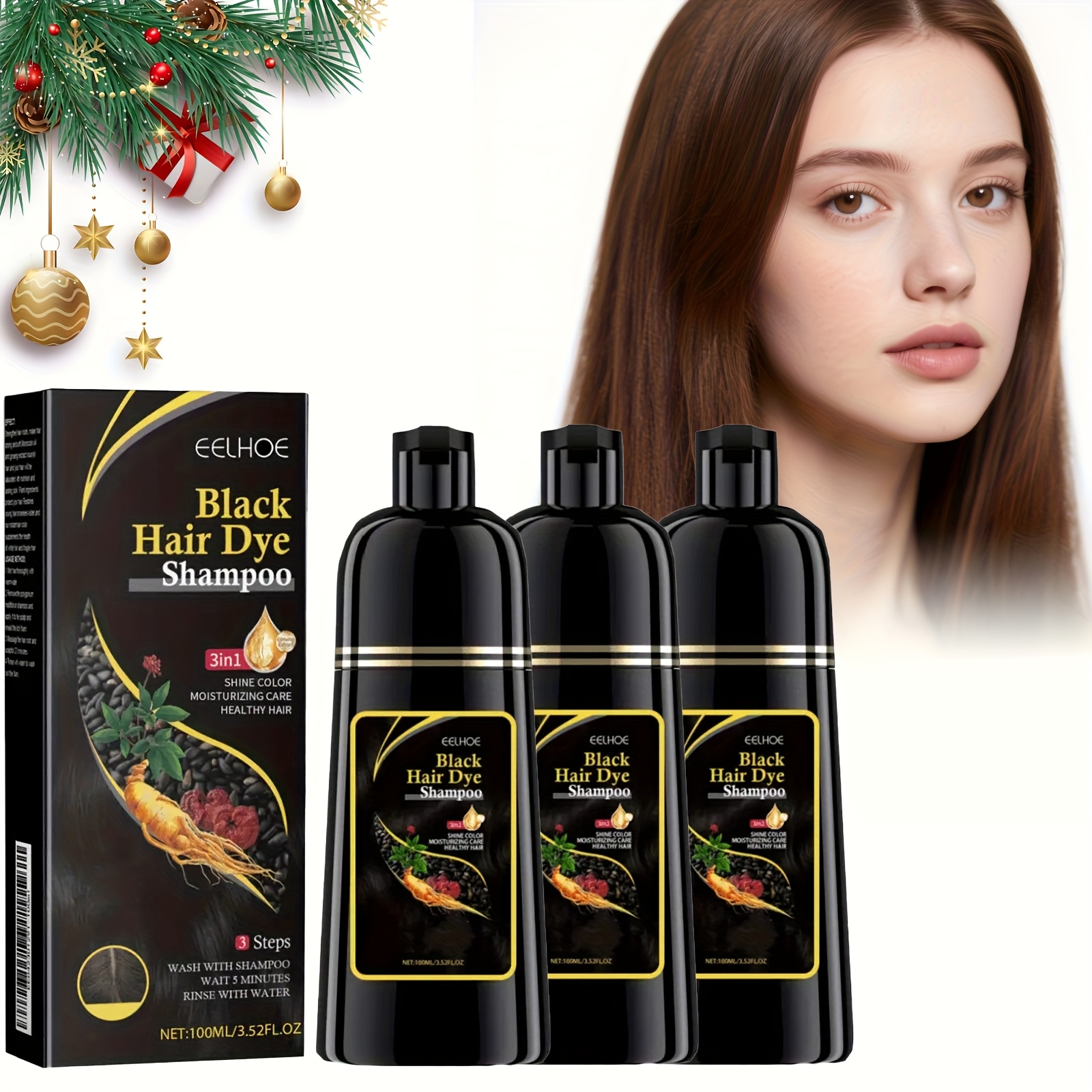 TEMU 3pcs Brown/black Hair Dye Shampoo Set, Natural Plant-based Formula, 3-in-1 Shampoo, Hair Care And Color Locking Shampoo For Covering White Hair,