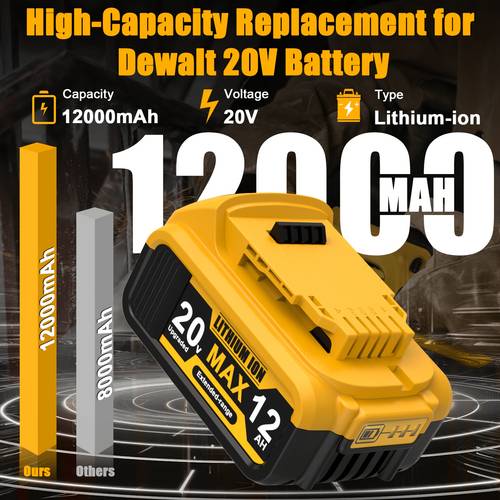 2 6 8 pack 12 0ah 20 lithium replacement compatible with dw 20v cordless power tools and 12000mah battery with 3 indicator