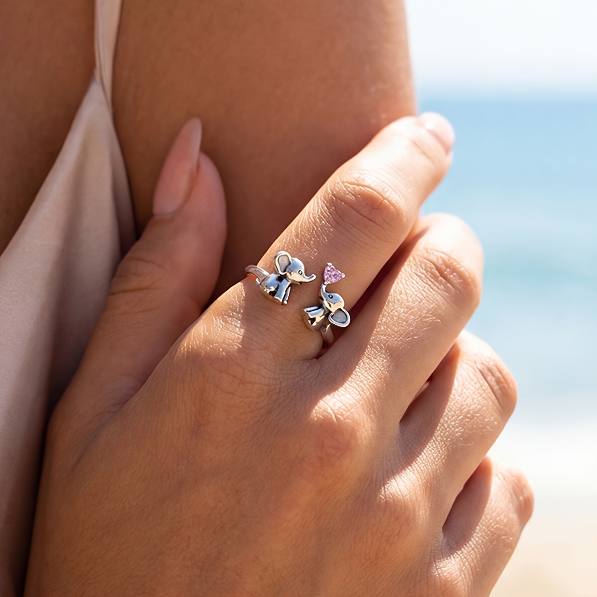 Women's Heart-Shaped Elephant Open Ring, Versatile Design