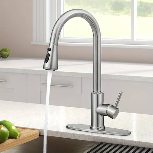 modern single handle high arc pull down kitchen faucet with stainless steel 2 function spray sprayer stream core ada 90 handle easy diy installation compatible fits single