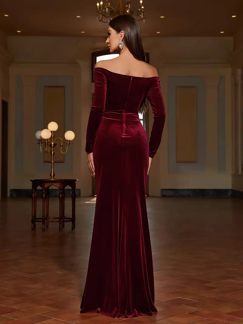 elegant shoulder long dress women stylish red bodycon split - Temu Belgium elegant shoulder long dress women stylish red bodycon split - Temu Belgium