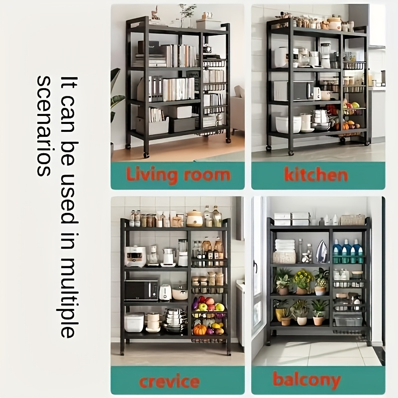 Kitchen Storage Shelf with Mesh Baskets, Metal Frame Serving Cart with Wheels, Rolling Baker's Rack with Adjustable Shelves, for Kitchen Bathroom Living Room Office