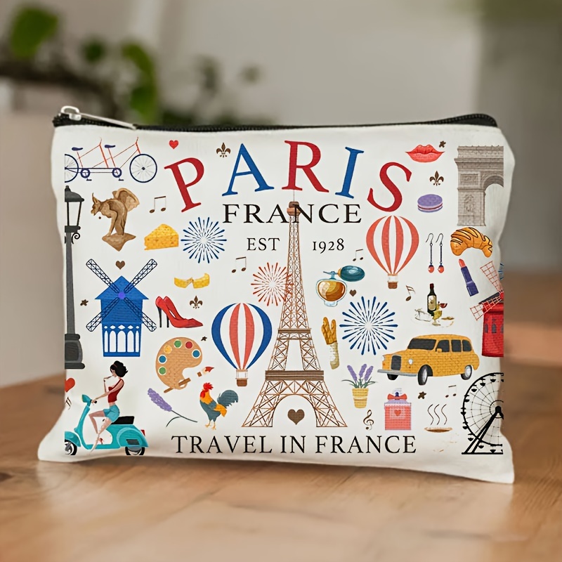 

1pc Fashionable Paris Printed Canvas Cosmetic Bag, Waterproof Zippered Multi-functional Lightweight Makeup Pouch For Women