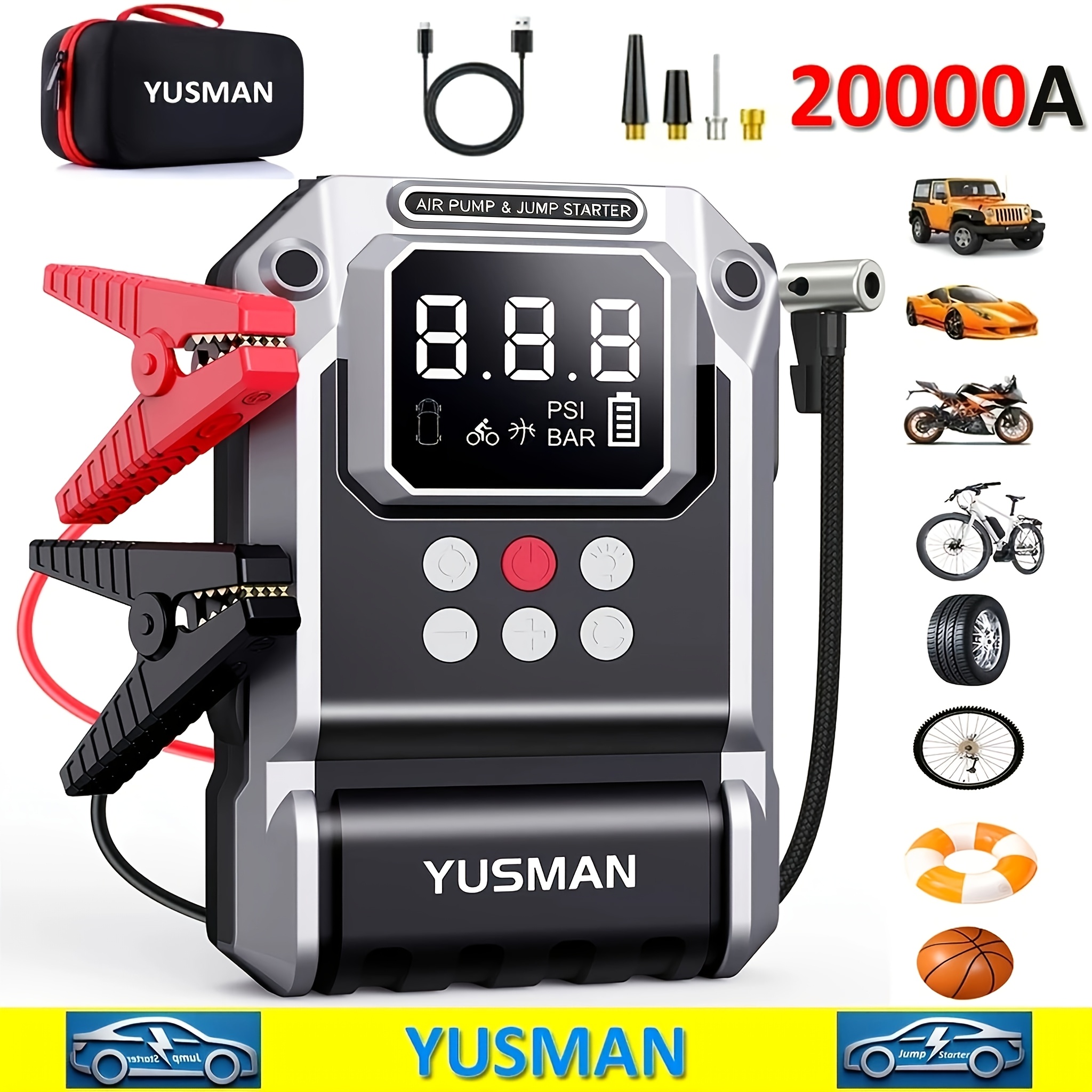 TEMU Car Jump Starter With Air Compressor Cordless Tire Inflator, Battery Booster With Power Bank Pack & Led Flashlights, Auto Jumper Box For 12v Gas