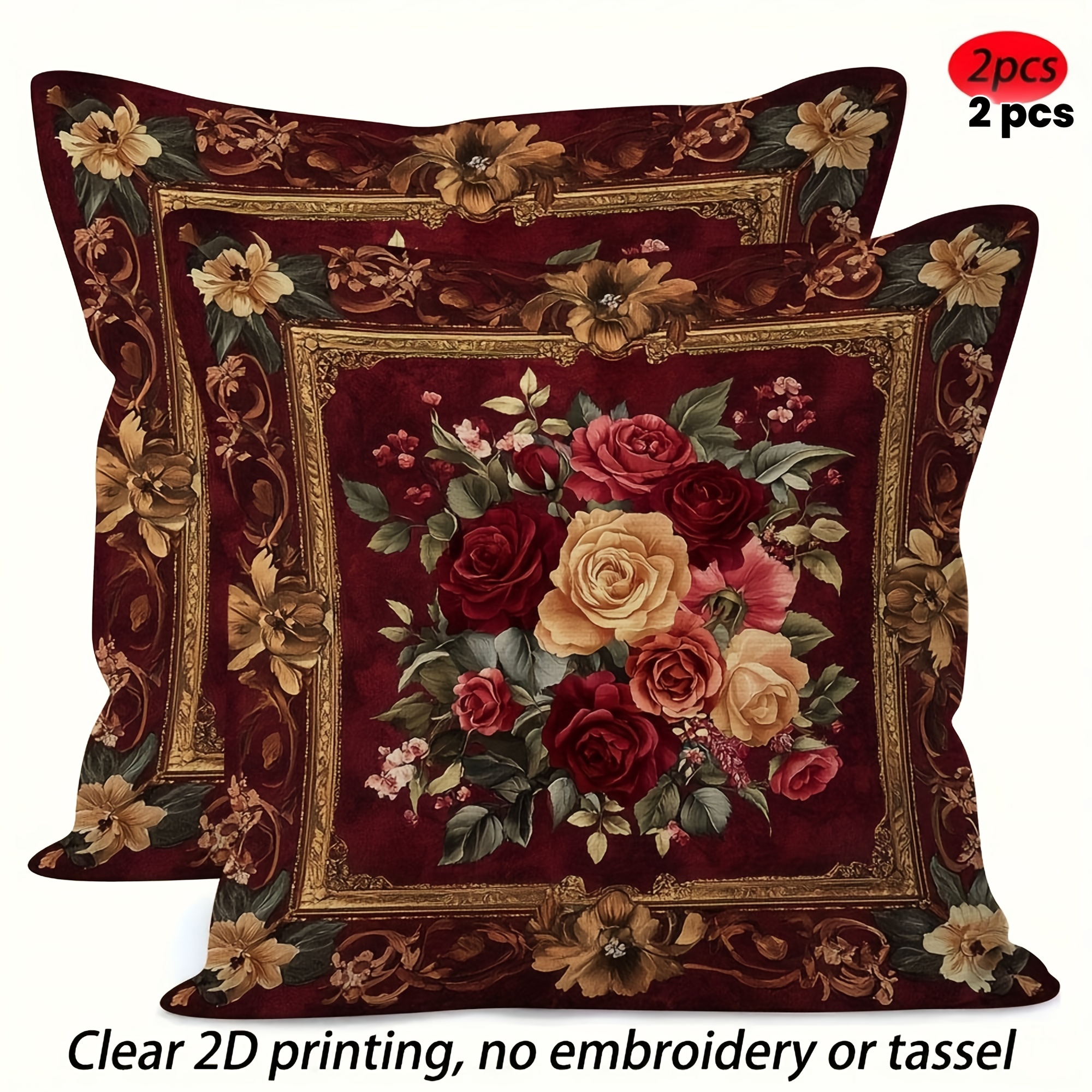 TEMU 2pcs Vintage Floral Baroque-style Cushion Cover, Suitable For Living Room, Bedroom, Office, Sofa Decorative Cushion Cover, With 2d Double-sided