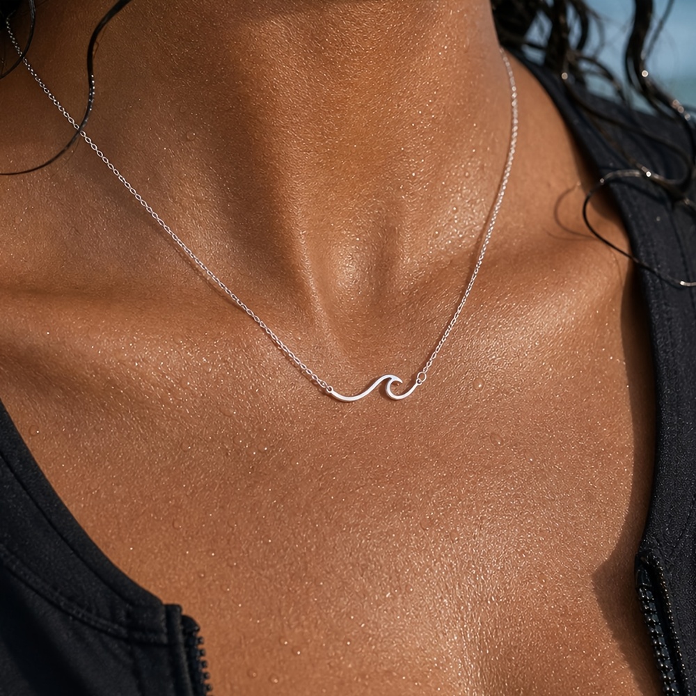 TEMU Easy 18k Golden Plated Wave Necklace, 304 Stainless Steel Waterproof Surfer Style Jewelry, Ocean Element Pendant Necklace, Easy Beach Style
