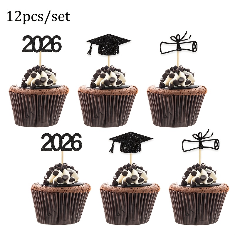 12pcs 2026 Graduation Cupcake Toppers - Graduation Cap And Scroll Cake Decorations - Suitable For 2026 Graduates' Graduation Parties And Ceremony Cake Decorations，halloween，christmas