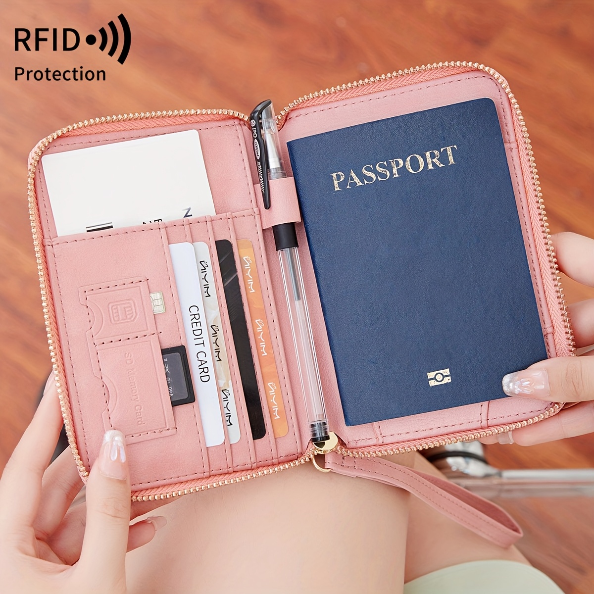 Rfid Passport Holder Zipper Wrist Strap Multi Functional
